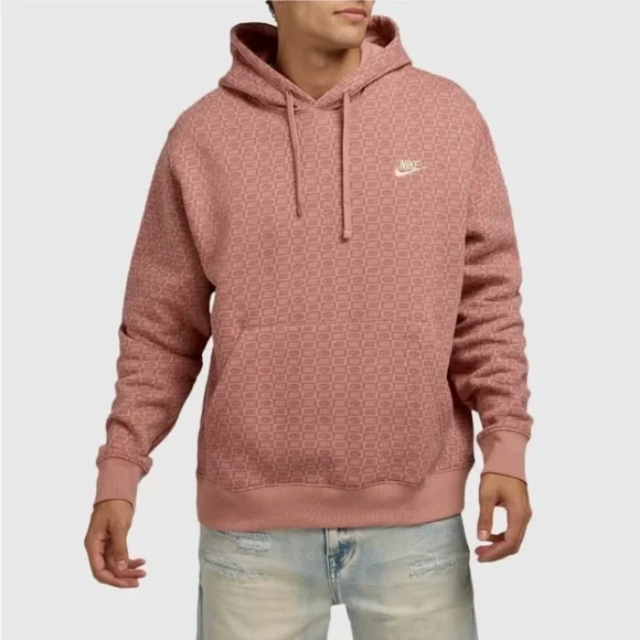 Nike Sportswear Logo Patterned Club Fleece Pullover Hoodie Red Stardust Size XL - Picture 3 of 10